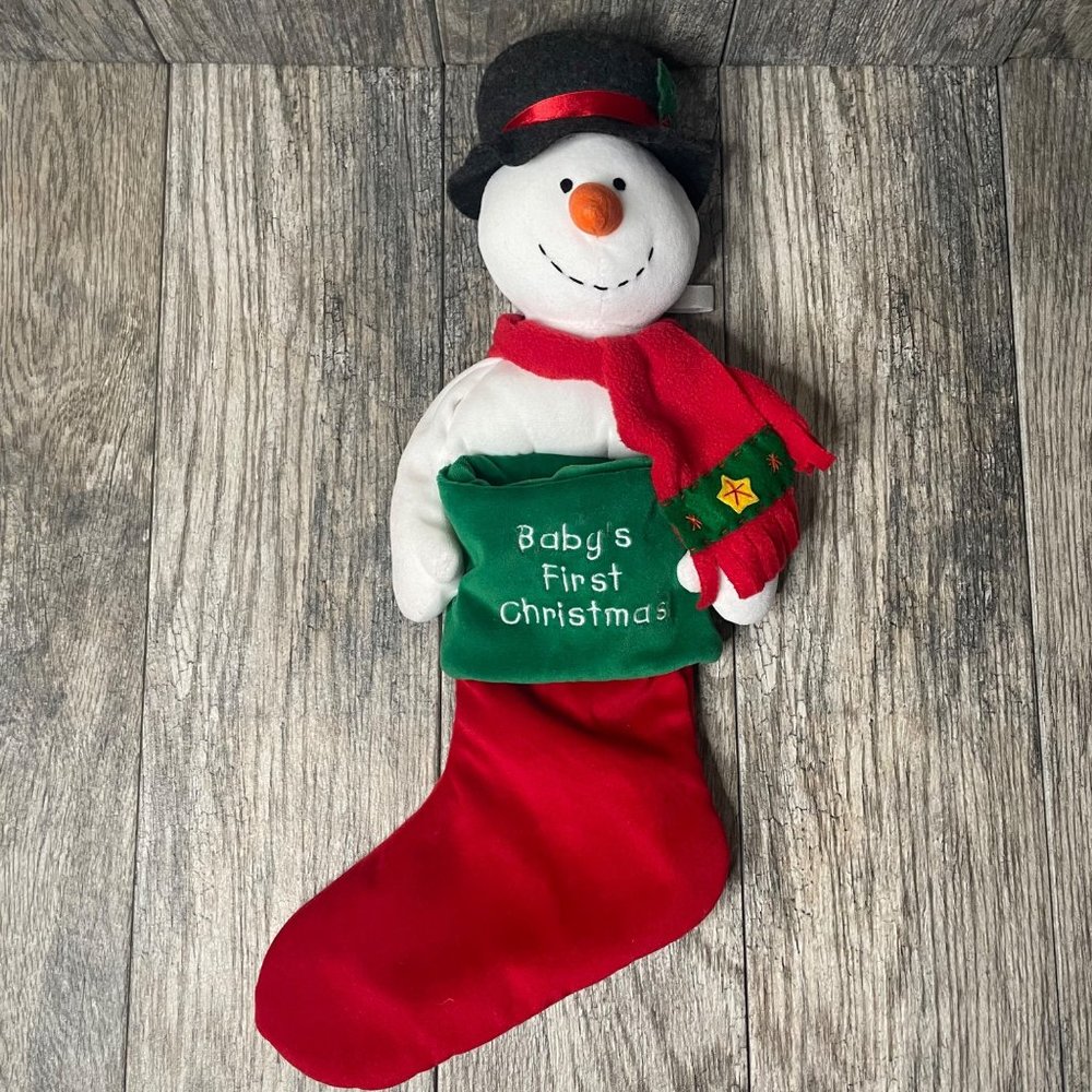 Baby's First Christmas Stocking Red with Snowman Holiday Scarf Boy Girl Unisex